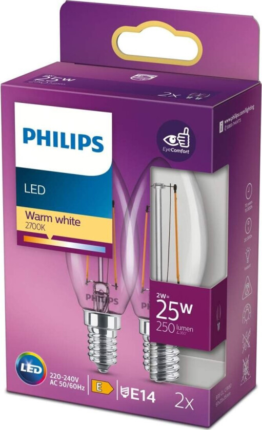 LED-lyspære Classic Candle 2W/827 (25W) Clear 2-pack E14