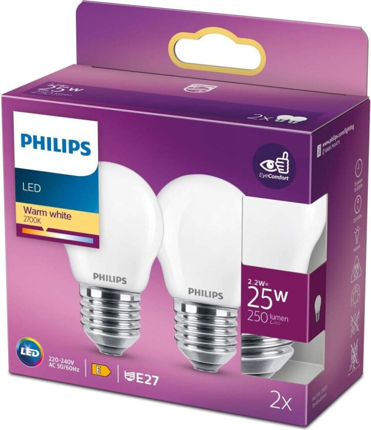 LED-lyspære Classic Mini-ball 2,2W/827 (25W) Frosted 2-pack E27