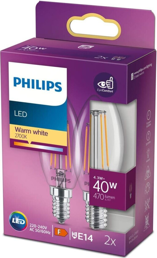 LED-lyspære Classic Candle 4.3W/827 (40W) Clear 2-pack E14