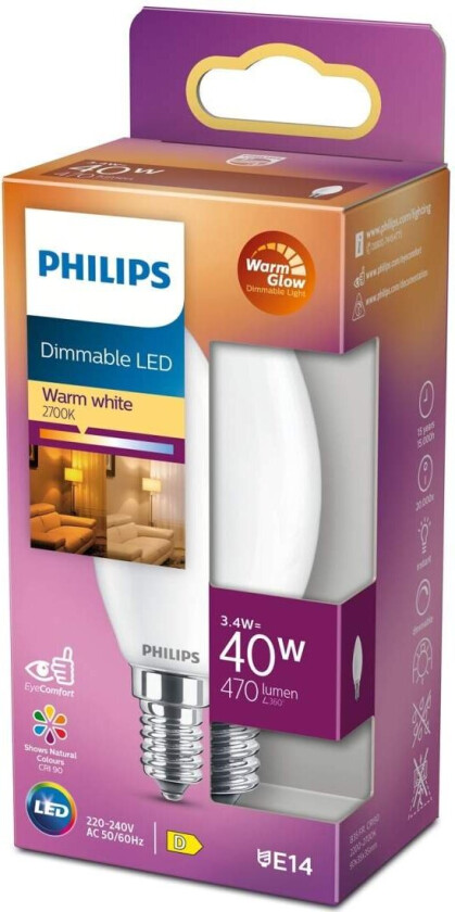 LED-lyspære Classic Candle 3,4W/922-927 (40W) Frosted WarmGlow Dimmable E14