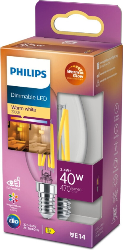 LED-lyspære Classic Candle 3,4W/922-927 (40W) Clear WarmGlow Dimmable E14