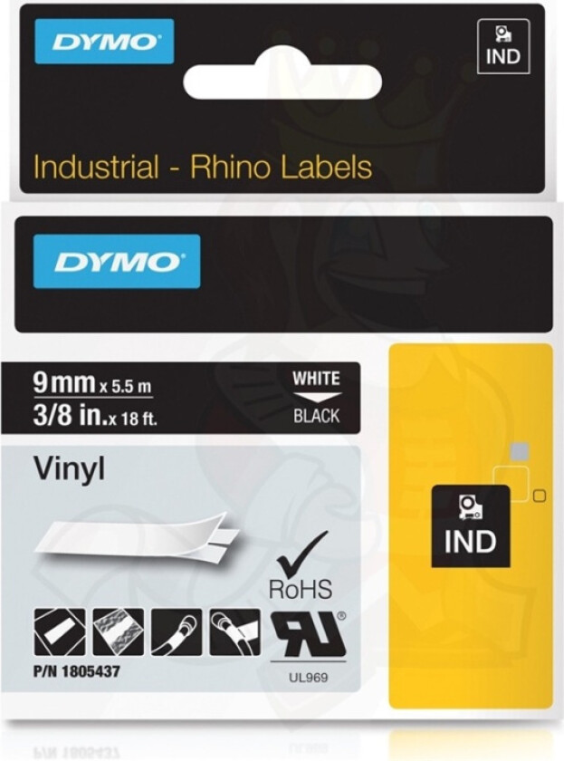 Dymo Tape Rhinopro Permanent Vinyl 9mm Hvit/svart