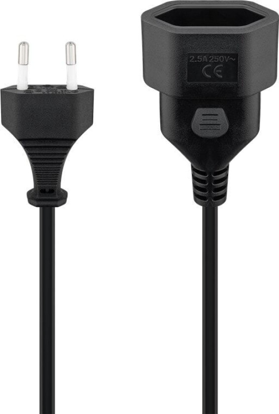 DEL-109AE - Strømforlengelseskabel - Europlug (hann) rett til IEC 60906-1 (hunn) rett - AC 250 V - 2.5 A - 3 m - svart