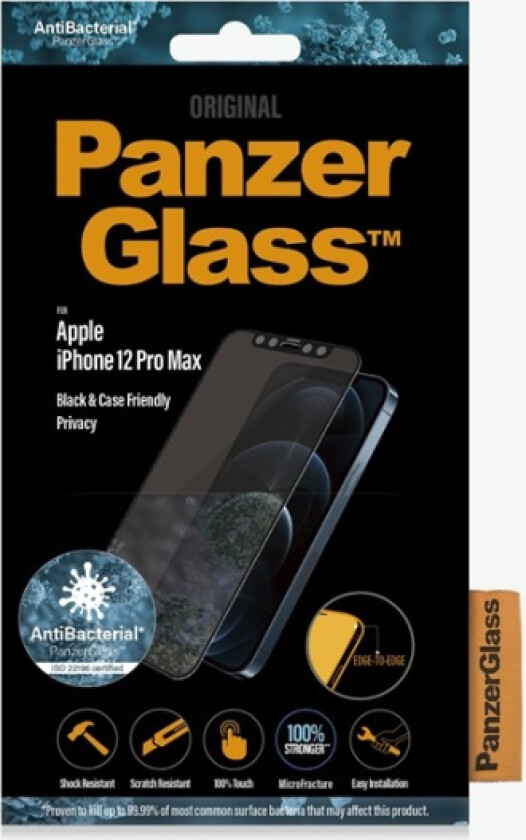 iPhone 12 Pro Max Antibakteriell Standard Fit Skjermbeskytter - Privacy Glass - Svart