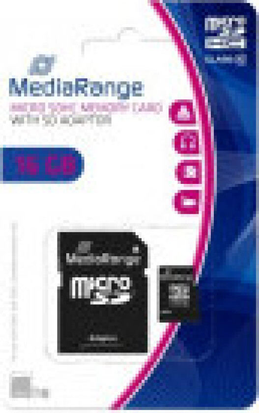 - Flashminnekort (microSDHC til SD-adapter inkludert) - 16 GB - Class 10 - microSDHC - svart