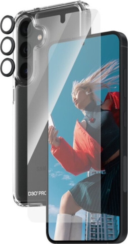 Samsung Galaxy S24 3-i-1-Bundle m. EasyAligner - Skjermbeskyttelse (UWF) / D3O Bio Hardcase-deksel / Hoops Kamerabeskyttelse - Gjennomsiktig / Svart