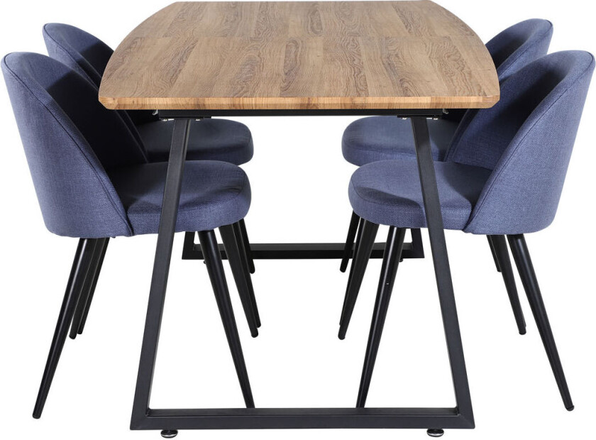 IncaNABL spisegruppe spisebord uttrekksbord lengde cm 160 / 200 el tre dekor og 4 Velvet spisestuestoler blå.