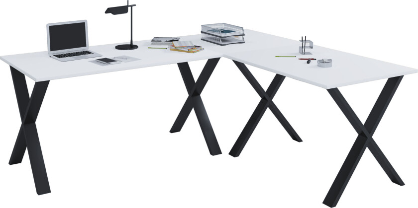 Bilde av Lona hjørneskrivebord 220x220x80 cm X-ramme hvit, svart.