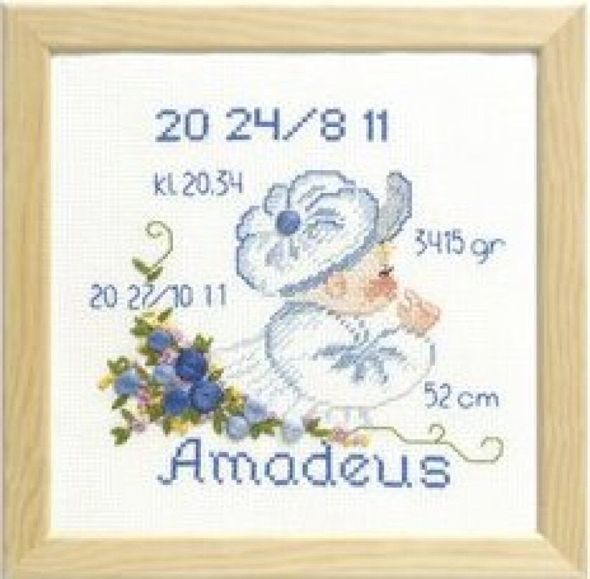 Broderisett Aida Fødselstavle Amadeus 19x19cm