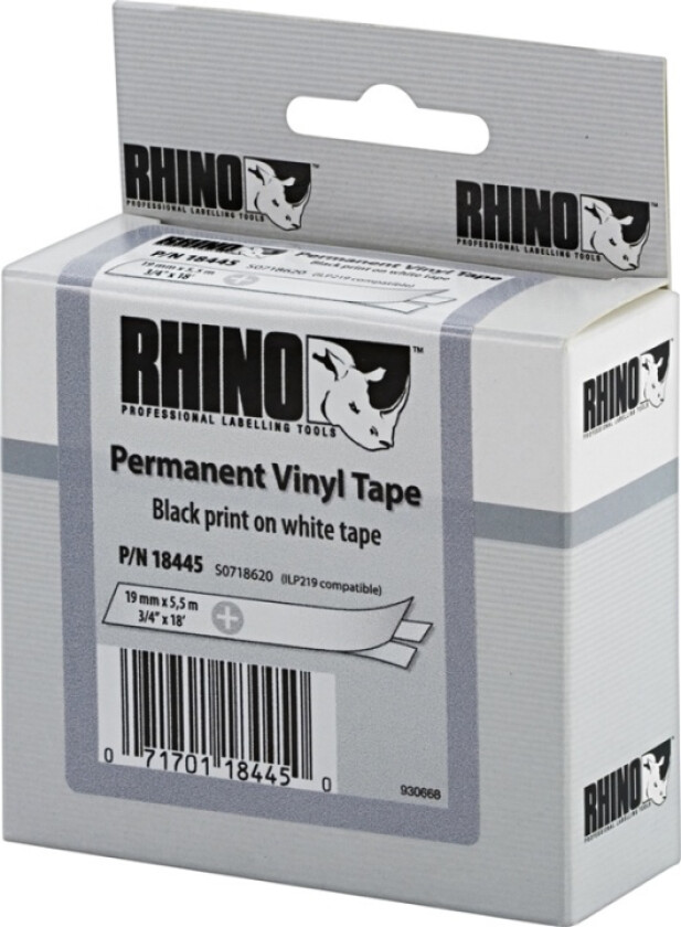 Dymo Tape Rhinopro Permanent Vinyl 19mm Svart/hvit
