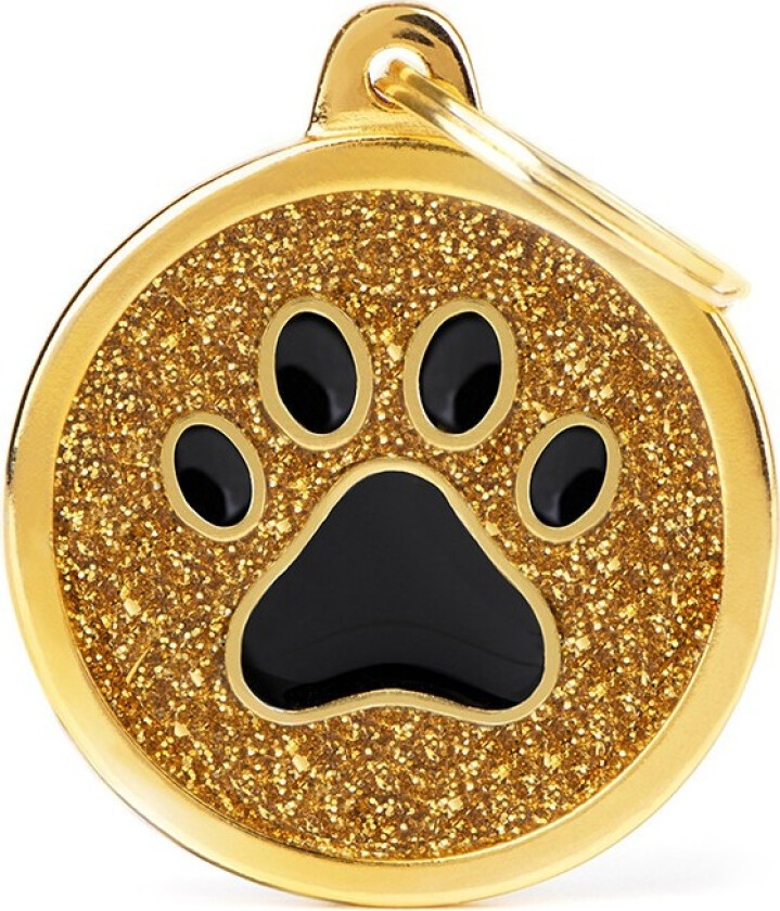 Shine "Big Circle Gold Glitter Black Paw" ID Tag