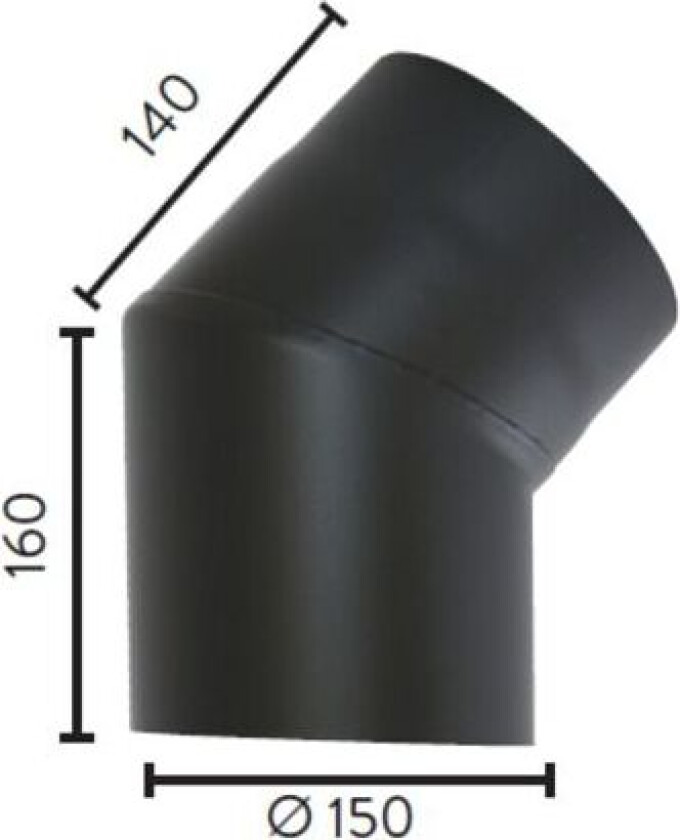 Røykrør ø150 45gr uten luke bp sort metallic lakk 2mm