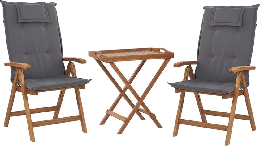 Hagesett Bistrosett Bord Akasietre 2 Stoler med Grafittgrå Puter UV-bestandig Sammenleggbar