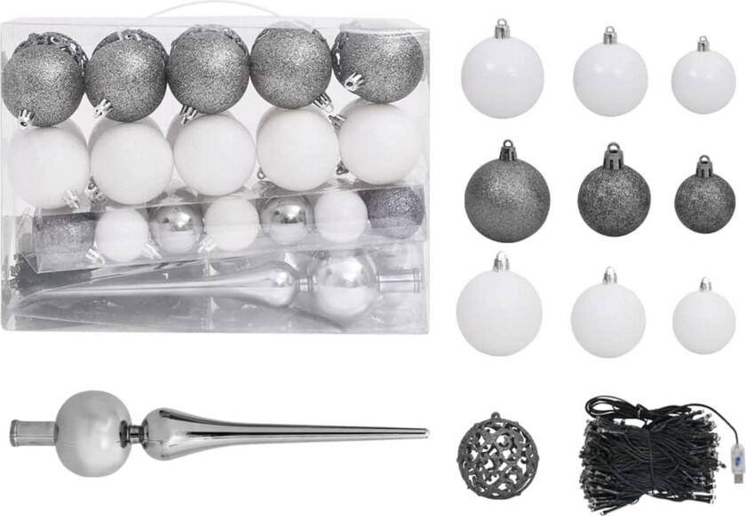 Julekulesett 61 deler med topp og 150 LED hvit og grå