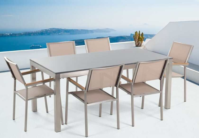 Utendørs spisegruppe Beige 6 stoler 180 x 90 cm Bordplate i grå granitt Hagemøbler Spisestoler Spisebord