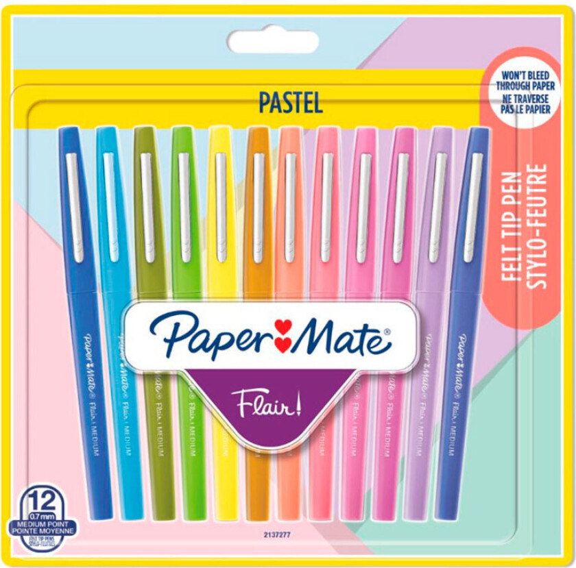 Paper Mate Flair Felt Tip Pens | Medium Point (0.7mm) | Assorted Pastel Colours | 12 Count