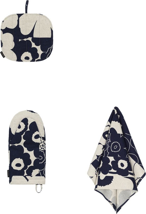 Bilde av Unikko Kollaasi kjøkkentekstiler, 3 deler Linen-dark blue