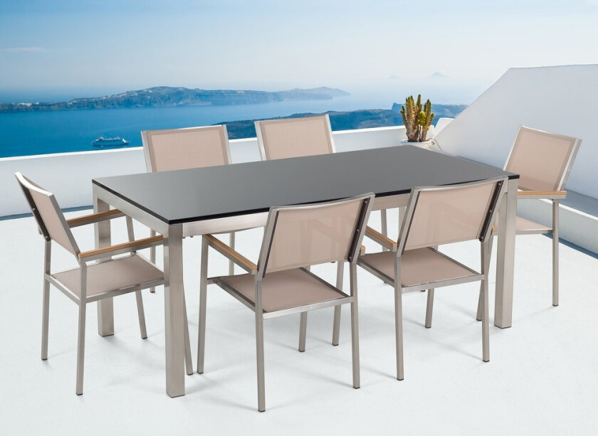 Utendørs spisegruppe Beige 6 stoler 180 x 90 cm Bordplate i svart granitt Hagemøbler Spisestoler Spisebord