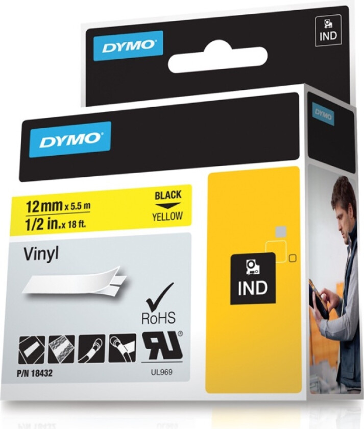 Dymo Tape Rhinopro Permanent Vinyl 12mm Svart/gul