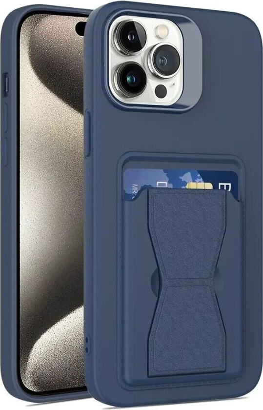 iPhone 15 Pro Max Fleksibelt Plast Deksel m. Kortholder & Kickstand - Mørke blå