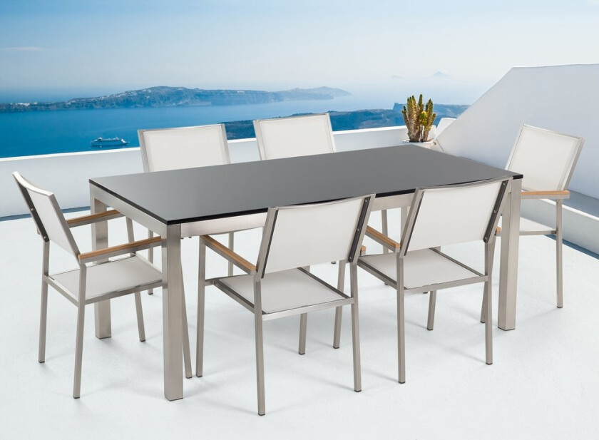 Utendørs spisegruppe Hvit 6 stoler 180 x 90 cm Bordplate i svart granitt Hagemøbler Spisestoler Spisebord