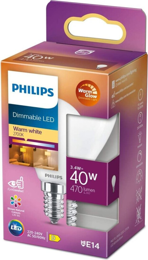 - Pære LED 4,5W (470lm) Krone Dimmbar E14