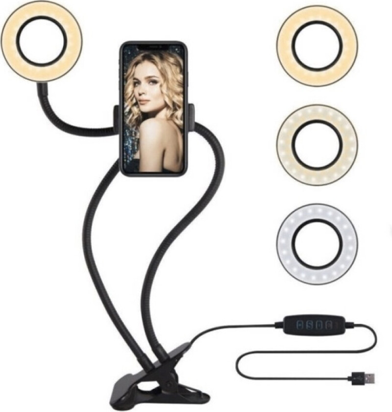 Ringlys 9cm med fleksibelt stativ og mobiltelefonholder