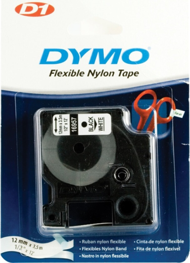 Bilde av Dymo Tape D1 12mm Svart/hvit Flexible