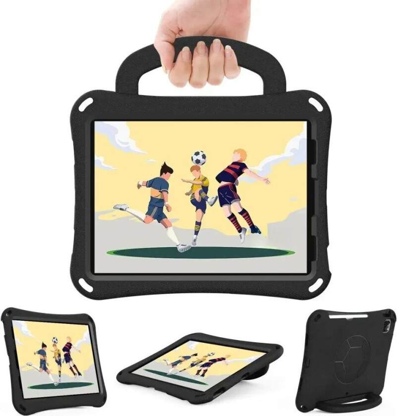 iPad Air 10.9" (2022 / 2020) / Pro 11" (2024-2018) Barnedeksel - Fotball - Stativ og Håndtak - Svart