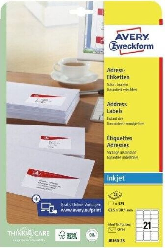 - Hvit - 63.5 x 38.1 mm 525 etikett(er) (25 ark x 21) adresselapper