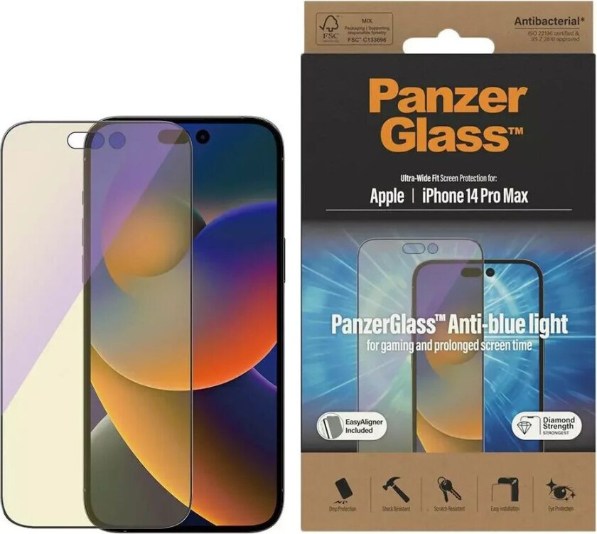 iPhone 14 Pro Max AntiBacterial Ultra Wide Fit Beskyttelsesglass - Easy Aligner - Anti-Blue Light - Diamond Strength - Gjennomsiktig