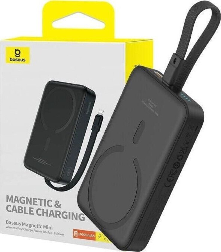 Magnetic Qi Powerbank 20W m. USB-C-kabel og Innebygd Lightning-kabel - 10 000 mAh - MagSafe-Kompatibel - Svart