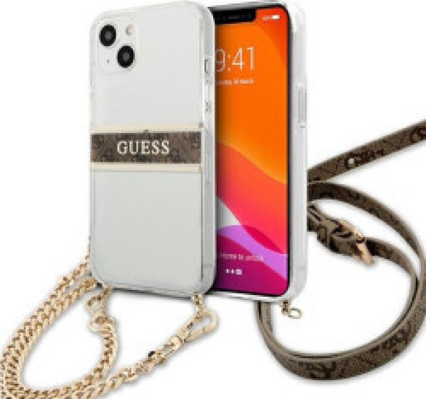 Guess GUHCP13SKC4GBGO iPhone 13 mini 5.4 quot; Clear Hard Case, 4G Brown Strap Gold Chain