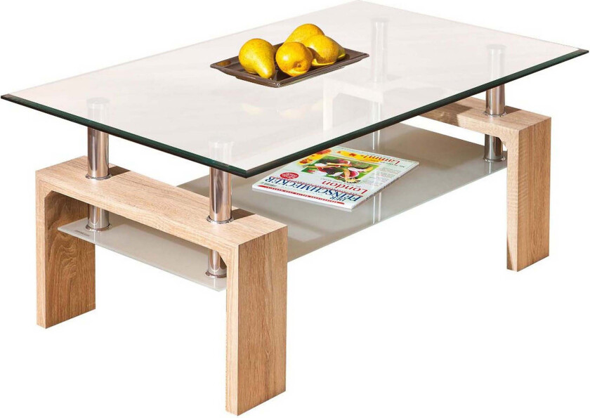 Gylle Sofabord 100 cm med Oppbevaringshylle - Glass/Hvit/Natur