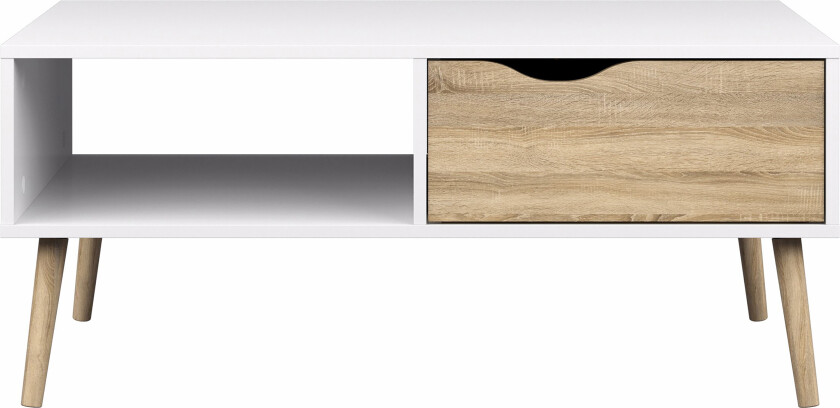 Bilde av Delta Sofabord 99 cm med Oppbevaringsskuff + Hylle - Hvit/Eikefarge