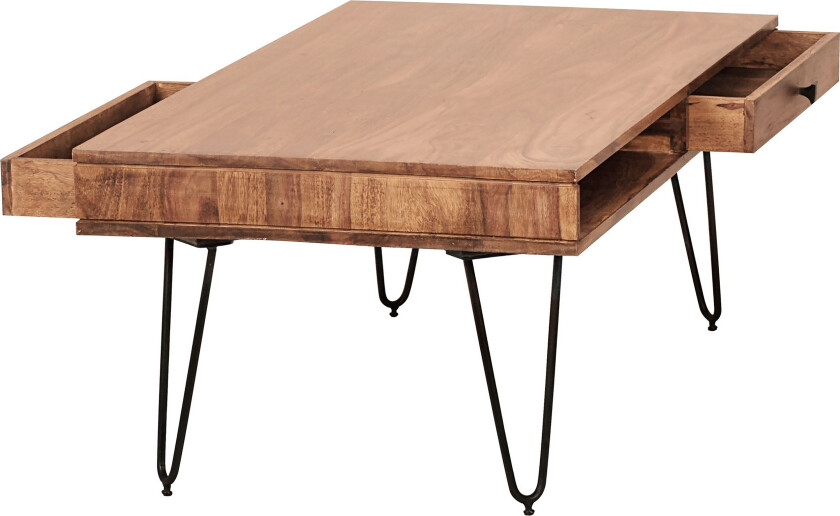 Langner Sofabord 60 cm med Oppbevaring 2 Skuffer + Hyller - Akacia/Svart