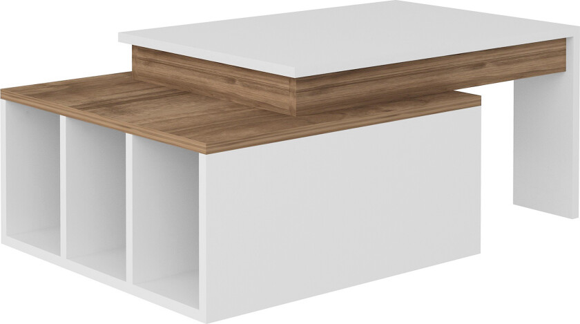 Qalora Sofabord 90 cm med Oppbevaringshyller - Hvit/Tre