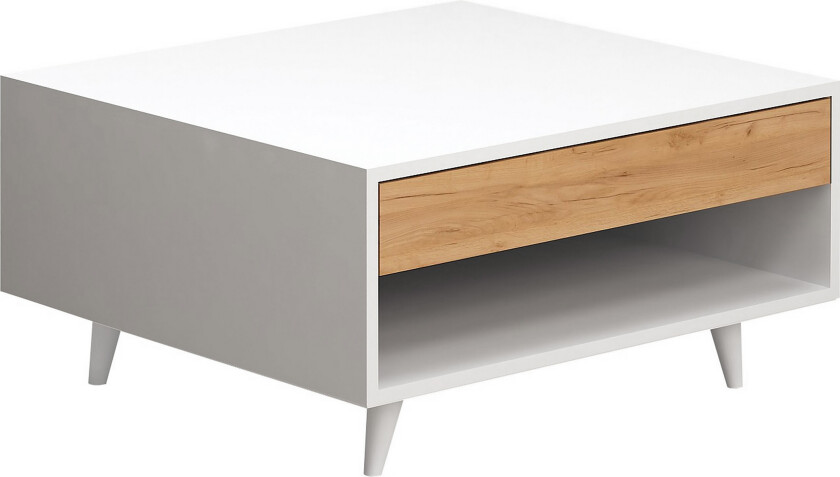 Mod Design Sofabord 80 cm med Oppbevaringsskuff + Hylle - Tre/Hvit