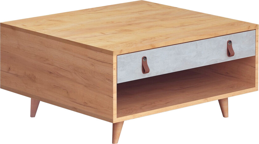 Mod Design Sofabord 80 cm med Oppbevaring Skuff + Hylle Lærb - Grå/Tre