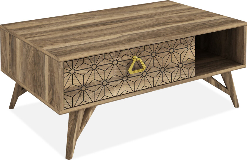 Tera Home Sofabord 90 cm med Oppbevaring Skuff + Hylle Dekor - Valnøttsbrun