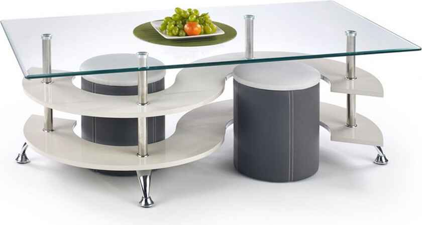 Nina Sofabord med Puffer 130 cm med Oppbevaring Hylle - Glass/Grå/Hvit