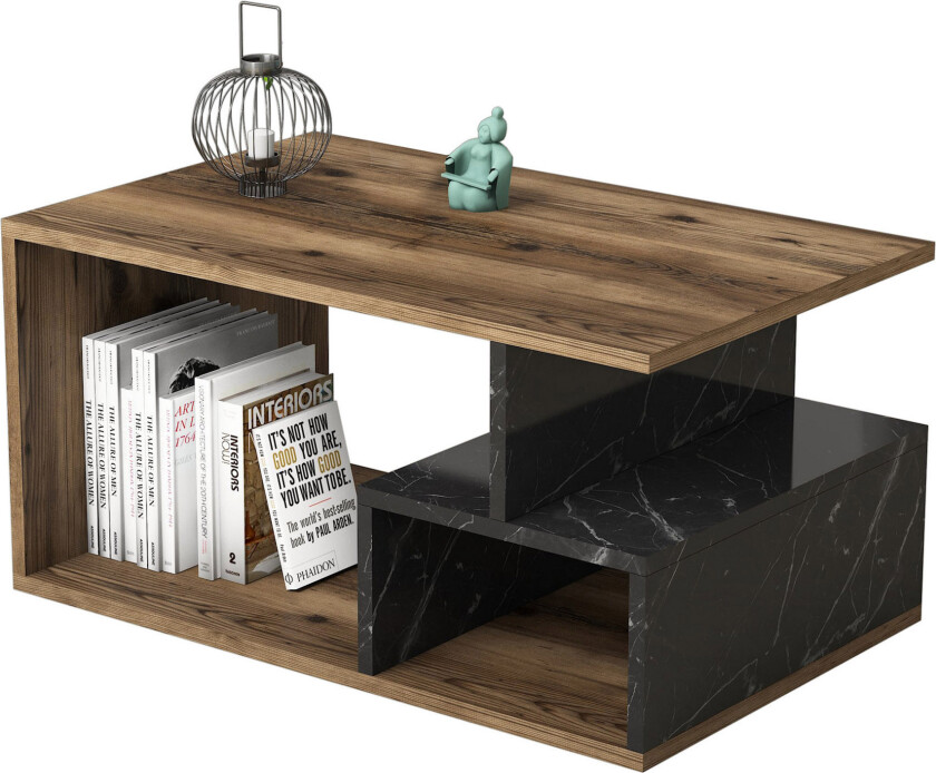 Garavelo Sofabord 90 cm med Oppbevaringshyller Marmormønster - Mørkebrun/Natur/Svart