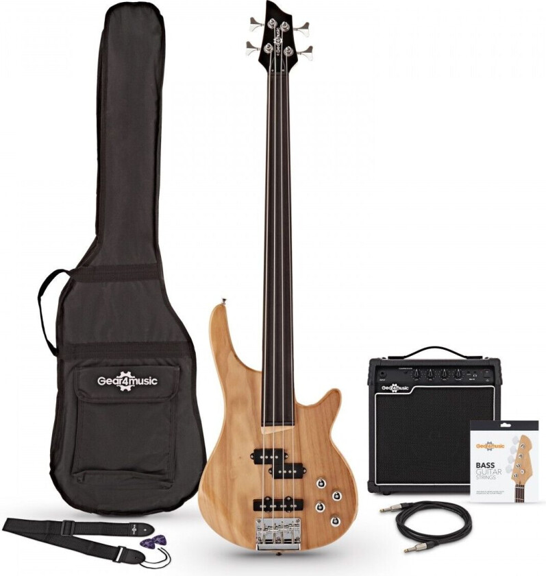 Gear4Music Chicago Fretless Bassgitar + 15W Forsterkerpakke fra Gear4music Natural