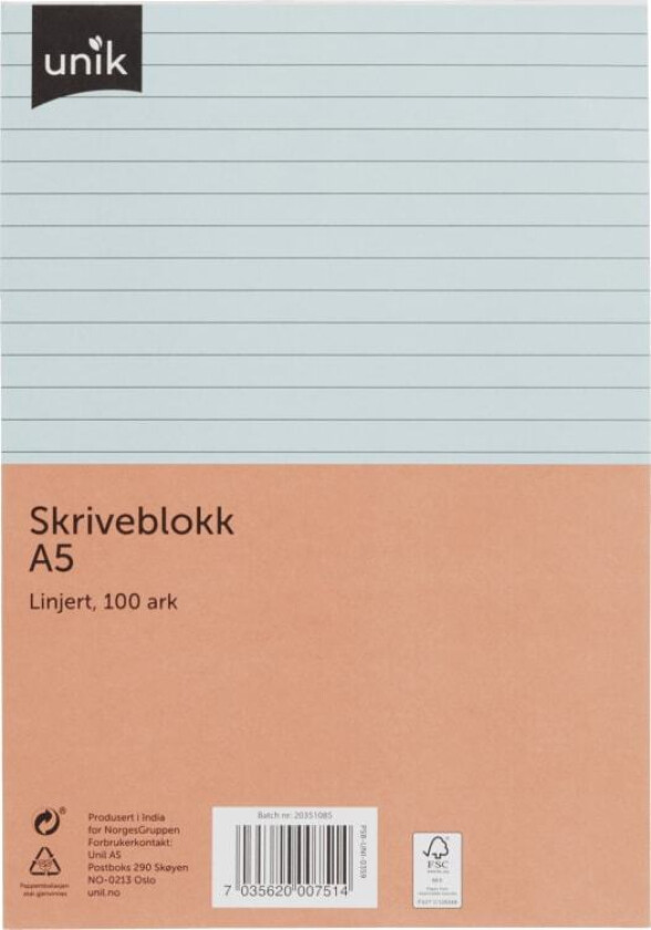 Skriveblokk A5 Linjert 100ark