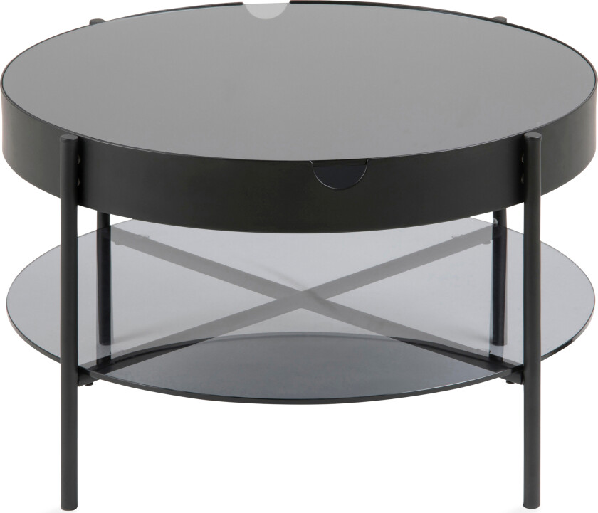 Tanja Sofabord 75 cm Rundt med Oppbevaring Hylle - Røykfarget Glass/Svart