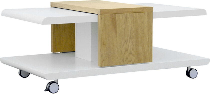 Bilde av Saturnina Sofabord 110 cm med Oppbevaringshyller på Hjul - Hvit/Tre