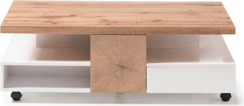 Rennese Sofabord 120 cm med Oppbevaringshyller på Hjul - Hvit/Natur
