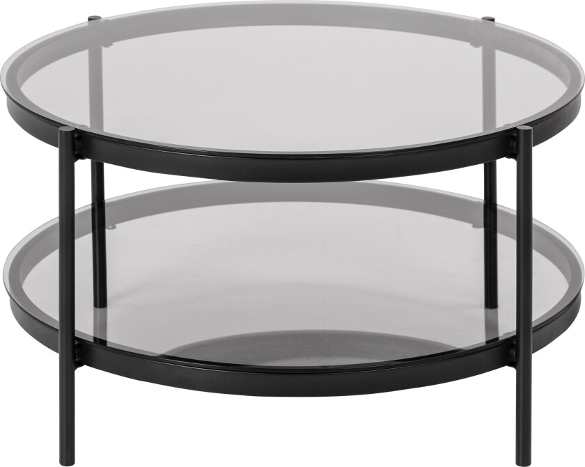Rutkin Sofabord 79 cm Rundt med Oppbevaring Hylle - Glass/Grå/Matt Svart