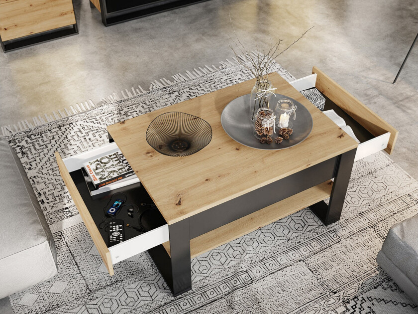 Quant Sofabord 100 cm med Oppbevaring 2 Skuffer + Hylle - Eikefarge/Svart