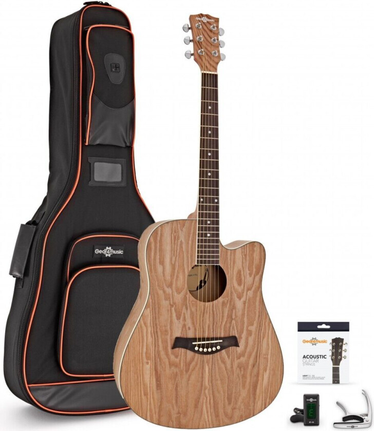 Gear4Music Deluxe Cutaway Dreadnought Akustisk Gitar Pakke Willow